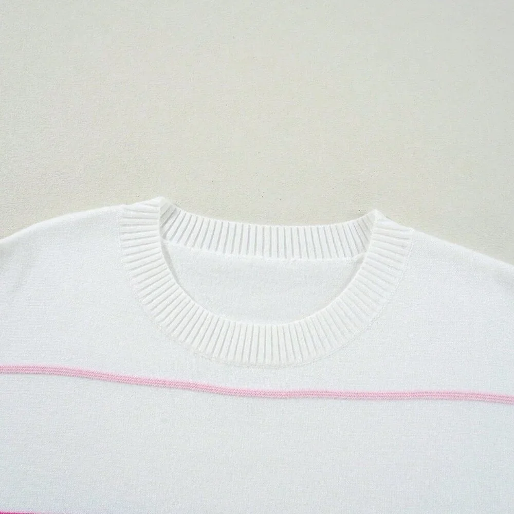 Multicolor Casual Women's Stripe Pattern Batwing 3/4 Sleeve Loose Sweater - Picture 7 of 9